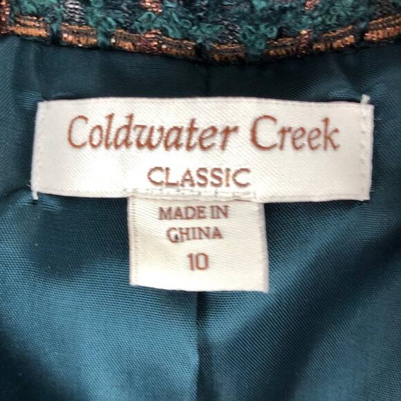 Coldwater Creek Classic Green Blue Metallic Bronze Tweed Zip Moto Jacket Blazer - Picture 2 of 12